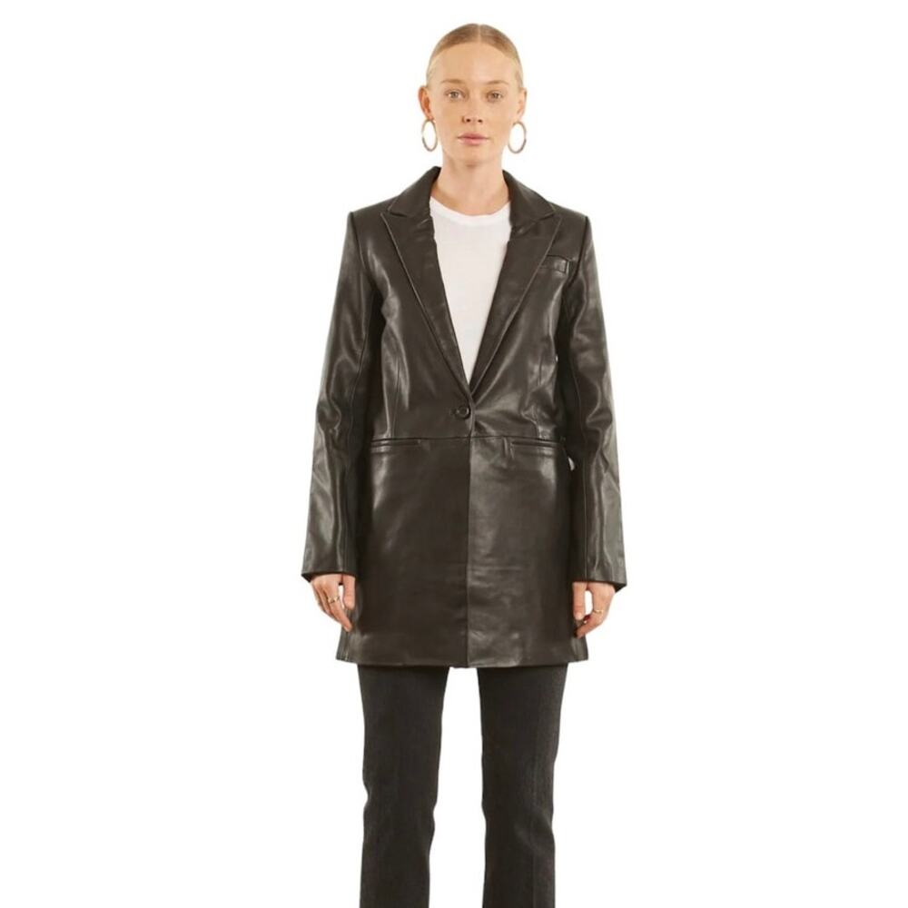 SPRWMN Leather Blazer Jacket Women's Black Size Small NEW Mid Trench Moto Biker